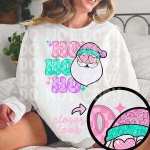 Ho Ho Ho Santa Retro Sweatshirt Christmas Faux Sequin Crewneck Faux Embroidery S